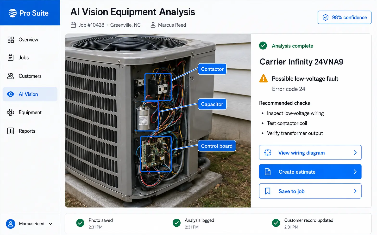 Pro Suite AI Vision analyzing an HVAC condenser, identifying components, explaining an error code, and recommending diagnostic checks